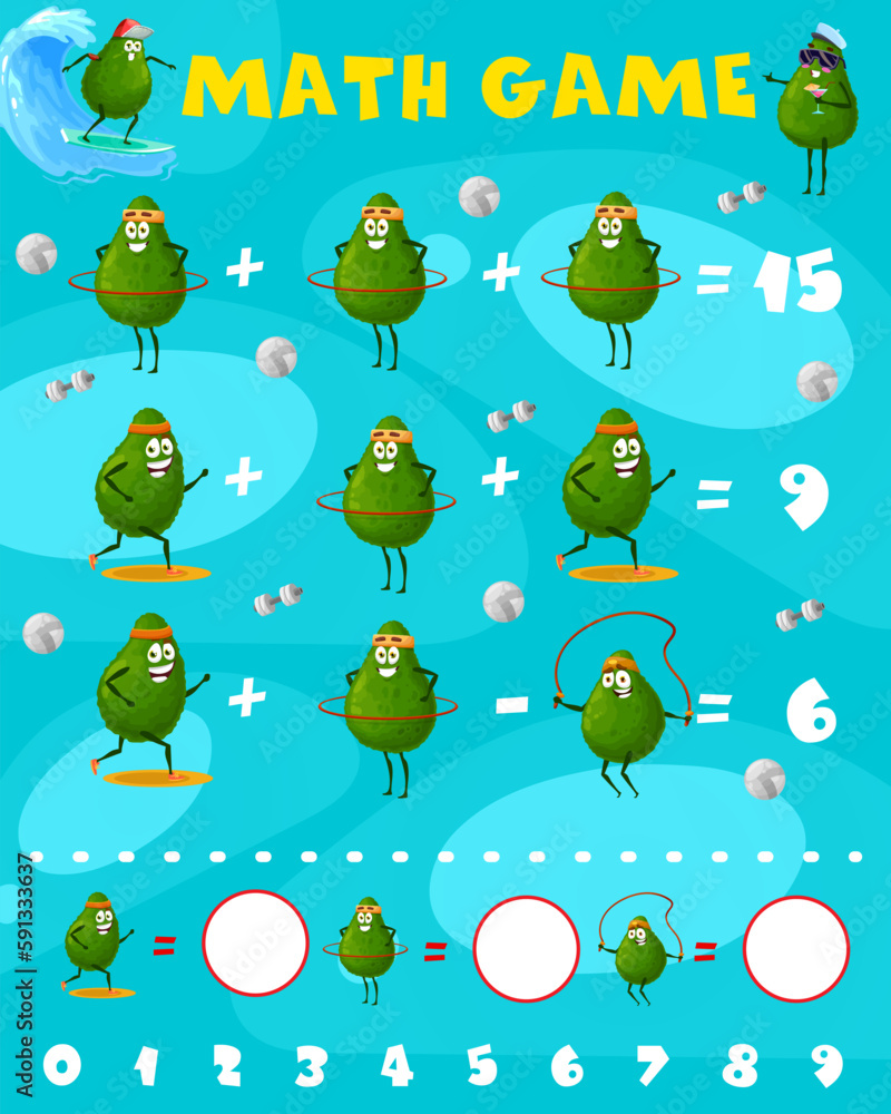 Poster cartoon avocado characters math game worksheet. vector mathematics subtraction and extraction riddle