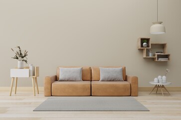 Luxurious apartment background wall mockup with leather sofa and decor on cream color background.