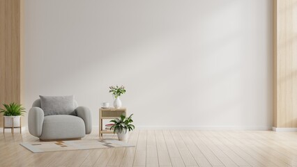 Contemporary interior design with an gray armchair on empty white color wall background.