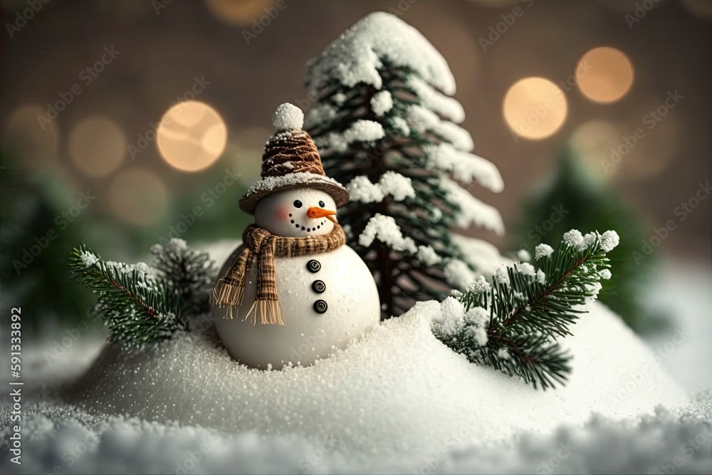 Canvas Prints cute and tiny snowman enjoying the winter snow. Generative AI