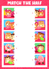 Match the half of cartoon sweets, ice cream and dessert characters. Vector game worksheet with cake, macaroon, jelly pudding and pie. Waffle, chocolate cookie, donut and candy cotton kawaii personages