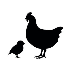 Vector flat hand drawn chicken and chick silhouette isolated on white background