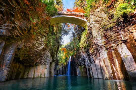 Miyazaki, Japan - Nov 24 2022: Takachiho Gorge is a narrow chasm cut through the rock by the Gokase River, plenty activities for tourists such as rowing and trekking through beautiful nature
