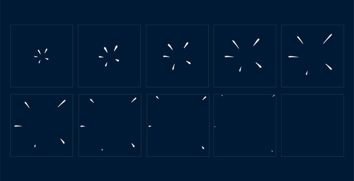 Animated sparkle or shine effect. Game sprite animation sheets with vector burst and light flashes of firework, firecracker and star explosion. Cartoon light effect with rays animation sequence