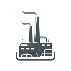 Factory icon, industry city and technology manufacture, vector isolated silhouette sign. Gas, oil, energy and power plant or pipeline, industrial factory or production building with chimney and smoke