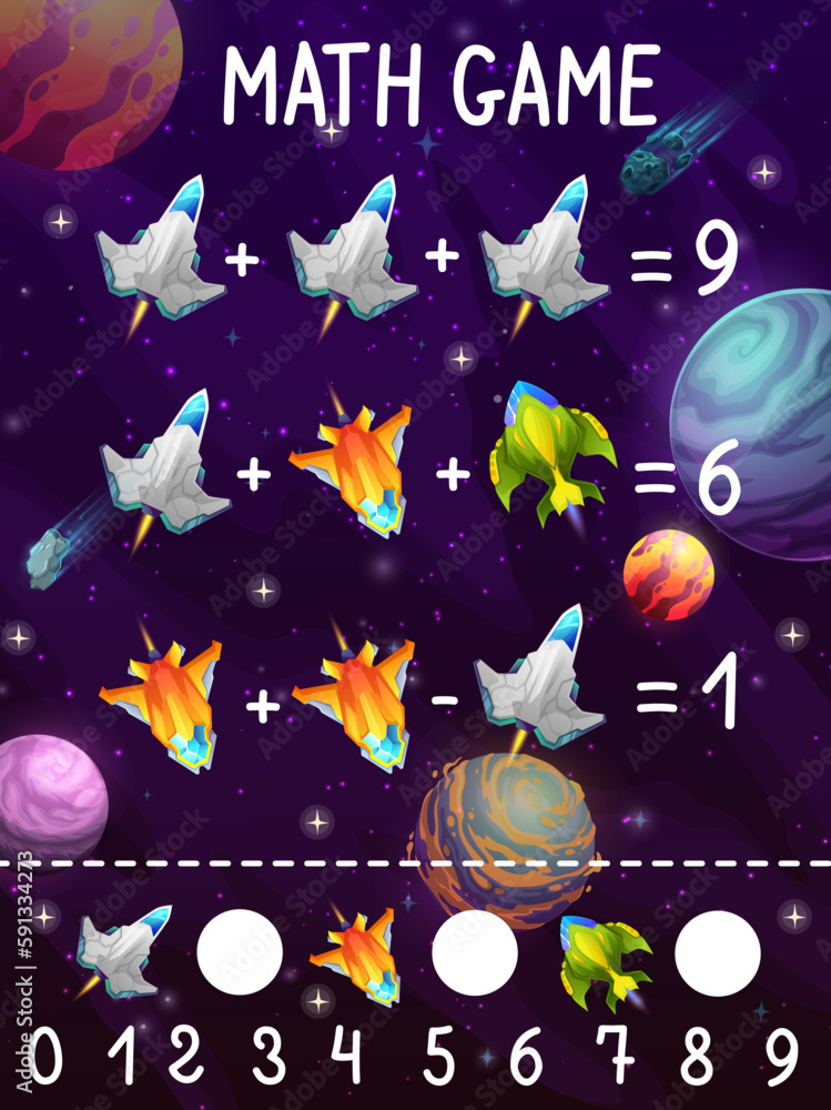 Aufkleber math game worksheet, cartoon spacecrafts and starships in galaxy space, vector quiz puzzle. space ro