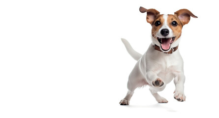 Joyful Jack: A Playful Jack Russel Terrier Pet Dog, Jumping and Smiling on White Background.  Generative ai. 