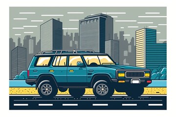 blue SUV cruising down a bustling city street. Generative AI