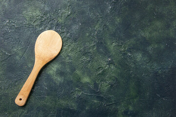 top view wooden spoon on dark background knife kitchen dinner wood food cutlery table meal color free space for text