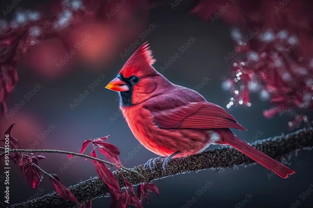 Poster vibrant red bird perched on a tree branch. generative ai