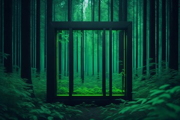 a concept of neon green transparent glass geometrical quadratic square in a green forest. Generative AI