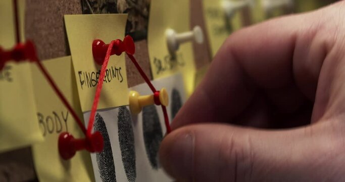 The detective's hand connects the steps of the investigation with a red string on the investigative evidence board