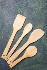 top view wooden utencils on a dark background knife kitchen cutlery dinner wood color food