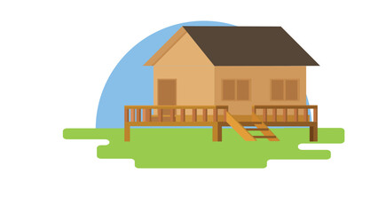 Vector or Illustartion of icon. Model vintage Thai house brown color. Thai house made of wood raised on a high platform. Concept design of grren grass and background of blue sky.