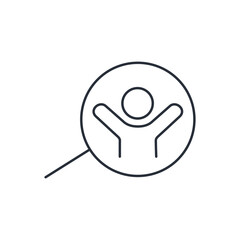 magnifying glass and a man with raised hands. Interested client, partner. Looking for business cooperation. Vector linear icon isolated on white background.