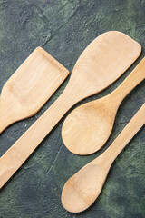 top view wooden utencils on dark background knife kitchen cutlery wood color food