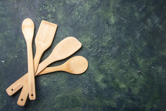 top view wooden utencils on dark background knife kitchen dinner color food cutlery table meal