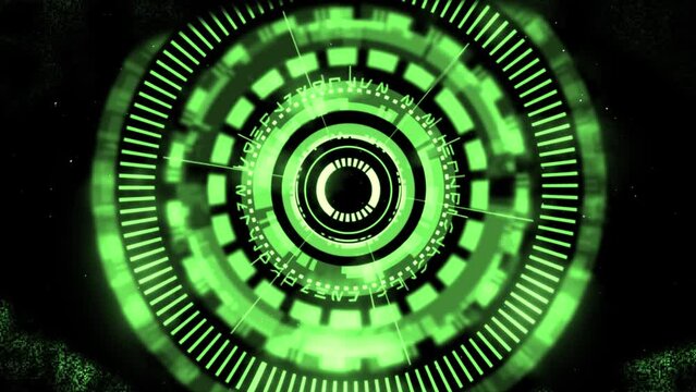 Reveal cyber surveillance animated complex 3D digital eye design within a shimmering digital code-inspired eye shape, in a 3D digital space in green color scheme on a dark background