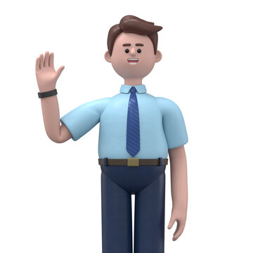 3D illustration of a happy greeting gesture Asian man Felix  waving hand. Portraits of cartoon characters smiling businessman saying hello,3D rendering on white background.
