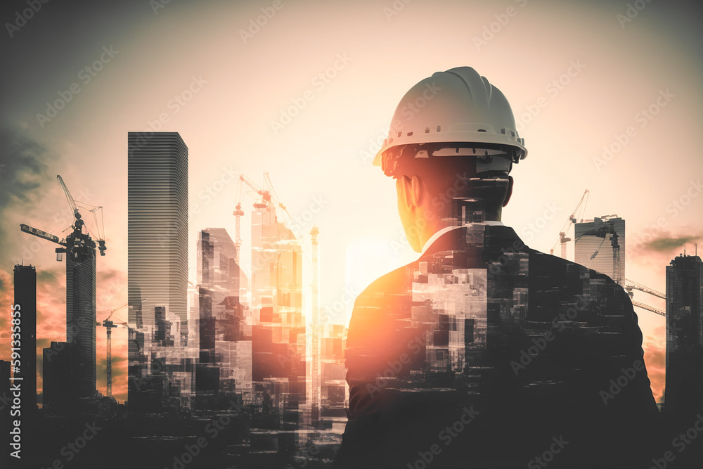 Poster civil engineer portrait as concept for building construct by professional with hardhat helmet engine