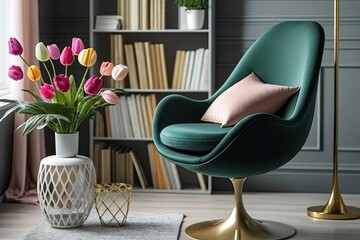 cozy living room with a vibrant green chair and a beautiful vase of tulips as the centerpiece. Generative AI