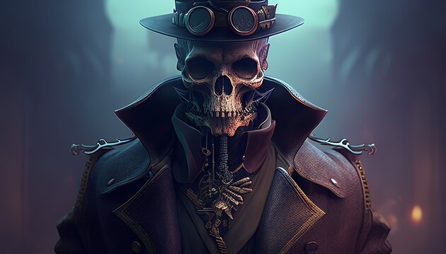 steampunk skull detective, digital art illustration, Generative AI