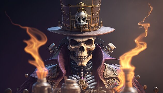 steampunk skull magician, digital art illustration, Generative AI