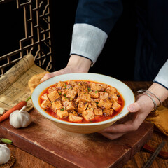 MaPo Tofu,stir-fried tofu in hot sauce,Sichuan cuisine,Chinese food,food photography