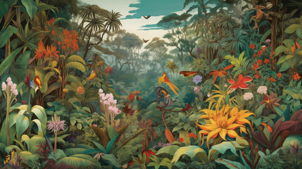 A jungle of giant flowers: a jungle where the plants are larger than life, with flowers as big as trees and vines that reach the clouds. a landscape featuring a colorful, vibrant jungle © alhaitham