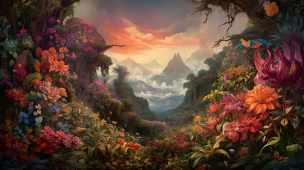 A jungle of giant flowers: a jungle where the plants are larger than life, with flowers as big as trees and vines that reach the clouds. a landscape featuring a colorful, vibrant jungle