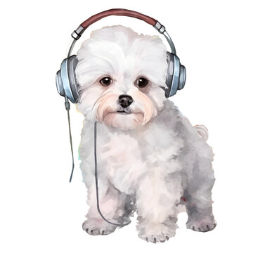 Bichon Frise dog wearing headphones watercolor clipart