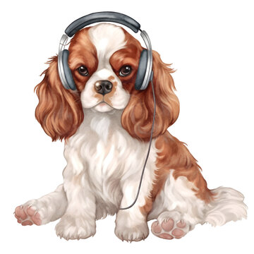 recommend clip art: Cavalier King Charles Spaniel dog wearing headphones watercolor clipart