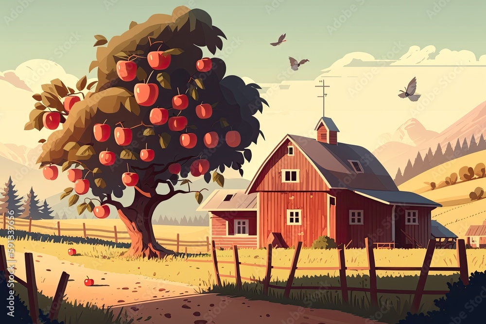 Poster an apple tree in front of a traditional red barn. generative ai