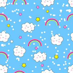 Cloud Background, Rainbow Seamless Pattern, Cartoon Vector Illustration, Grey Sky Background for Kid