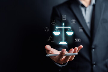 Law and justice concept. Businessman holding lawyer virtual icon, Consultation and conference...