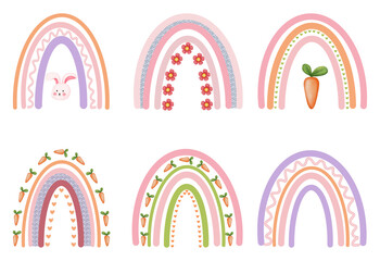 Set of boho rainbow illustration.Boho rainbow with colorful spring flower,bunny and carrot isolated on transparent background..Perfect for Spring and Easter day element decoration,invitation.