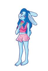 Little bunny dressed in a blouse and short skirt holding an ice cream cone. furry art illustration. Isolated on transparent background