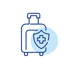 Travel insurance. Wheeler suitcase for airplane trip. Pixel perfect, editable stroke line icon