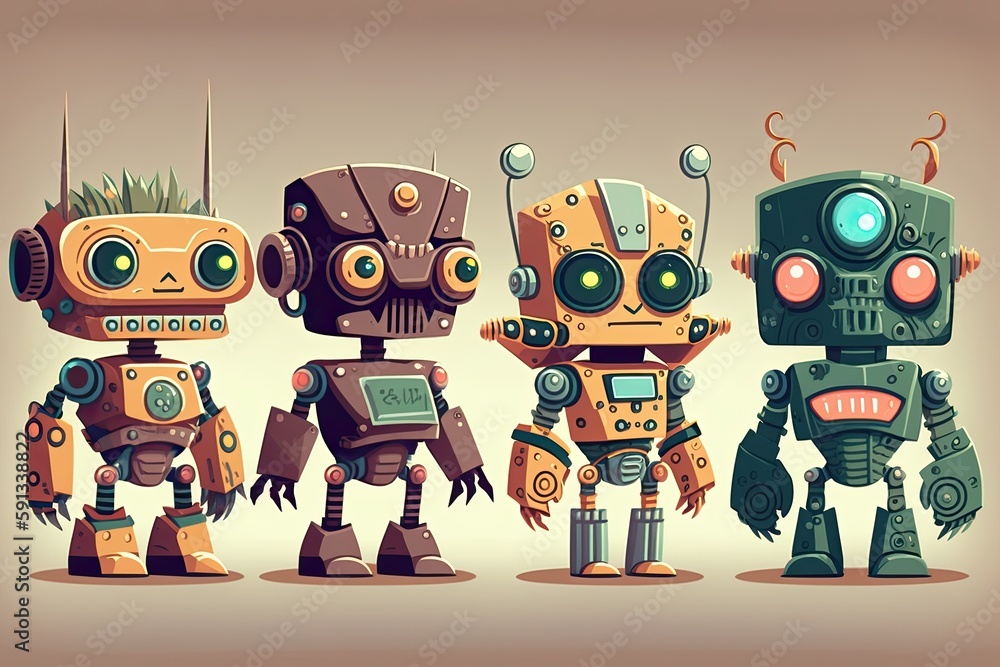Poster lineup of futuristic robots standing in a row. generative ai