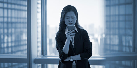 young asian businesswomen looking at mobile phone in modern office