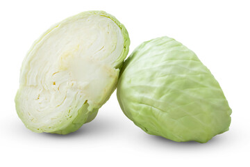 White cabbage cut in half on a transparent background.