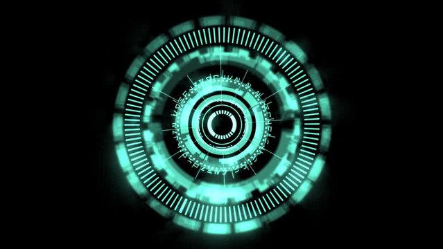 High quality animated HUD gizmo digital eye design with complex rotating elements in teal color scheme on a plain black background, great for screen replacement and heads up display elements