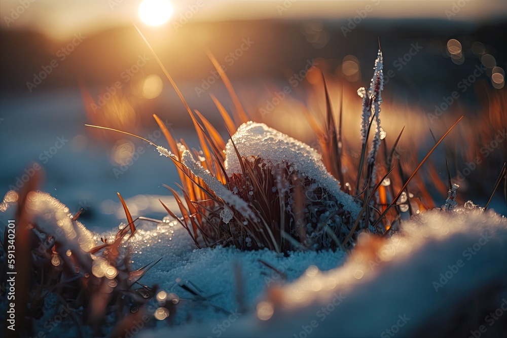 Poster sunlight filtering through snowy grass. generative ai