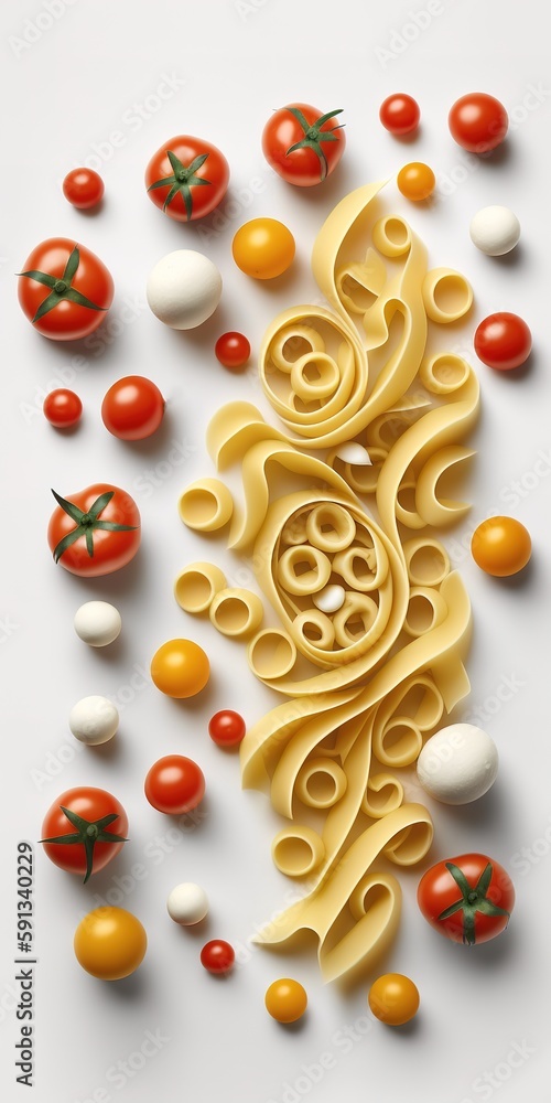 Poster layers of uncooked spaghetti and fresh cherry tomatoes on a white background generative ai