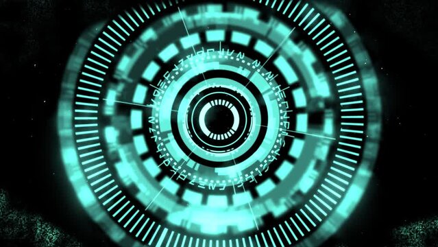 Reveal cyber surveillance animated complex 3D digital eye design within a shimmering digital code-inspired eye shape, in a 3D digital space in teal color scheme on a dark background