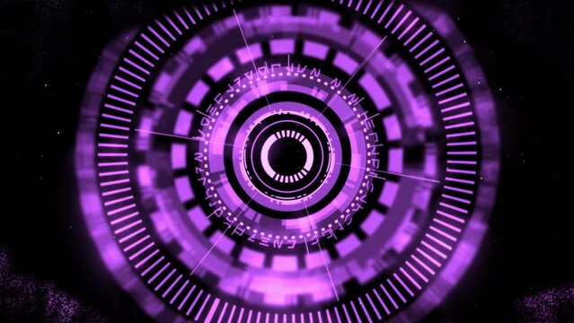 Reveal cyber surveillance animated complex 3D digital eye design within a shimmering digital code-inspired eye shape, in a 3D digital space in magenta color scheme on a dark background