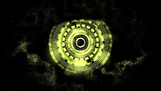 Cyber surveillance animated complex 3D digital eye design within a shimmering digital code-inspired eye shape, in a 3D digital space in yellow color scheme on a dark background