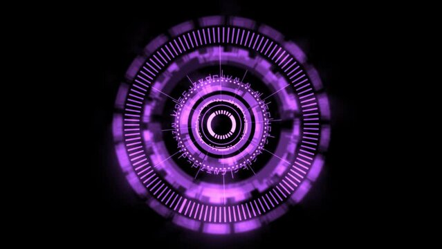 High quality animated HUD gizmo digital eye design with complex rotating elements in magenta color scheme on a plain black background, great for screen replacement and heads up display elements