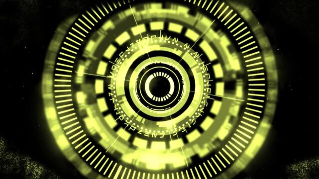 Reveal cyber surveillance animated complex 3D digital eye design within a shimmering digital code-inspired eye shape, in a 3D digital space in yellow color scheme on a dark background