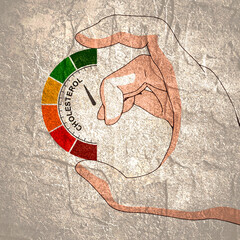 Hand holding cholesterol level meter. Color scale with arrow from red to green.